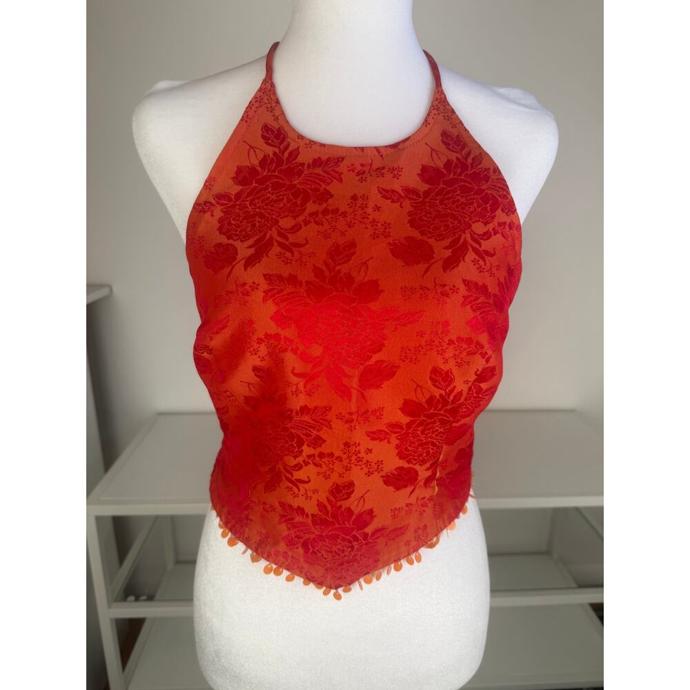 Gunne Sax Jessica McClintock Womens Y2K Red Orange Floral Scarf Hem Halter Top 3